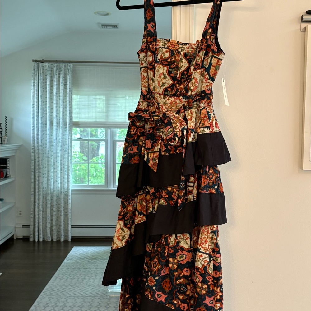 Anthropologie Black and Rust Floral Tiered Midi Dress